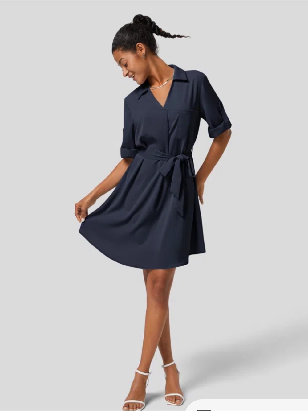 Halara Roll Up Sleeve Belted Relaxed Work Shirt Dress